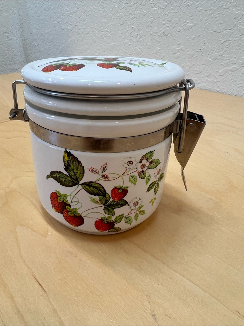 White Ceramic Strawberry Canister with Airtight Metal Clamp made in Japan